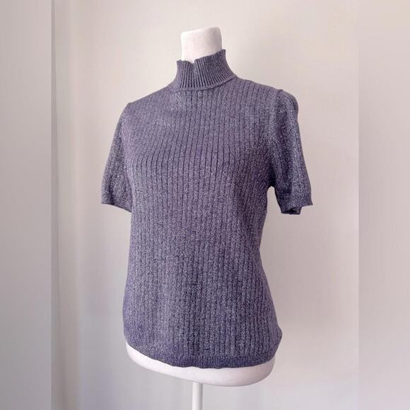 Vintage '00s Koret Purple Metallic Ribbed Short Sleeve Turtleneck Sweater - Picture 2 of 6